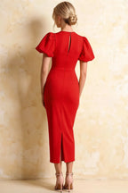 Harriet Red Puff Sleeve Midi Dress | Bodycon Party Dress