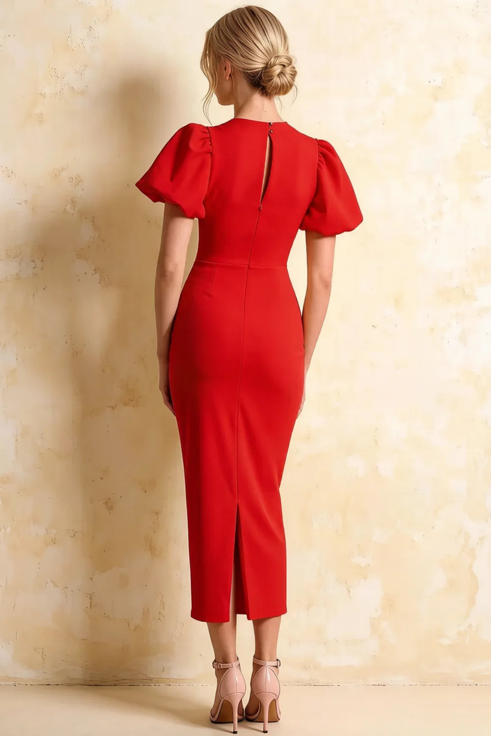 Harriet Red Puff Sleeve Midi Dress | Bodycon Party Dress