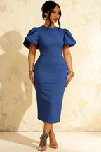 Harriet Royal Blue Puff Sleeve Midi Dress | Blue Dress for Cocktail