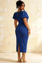 Harriet Royal Blue Puff Sleeve Midi Dress | Blue Dress for Cocktail