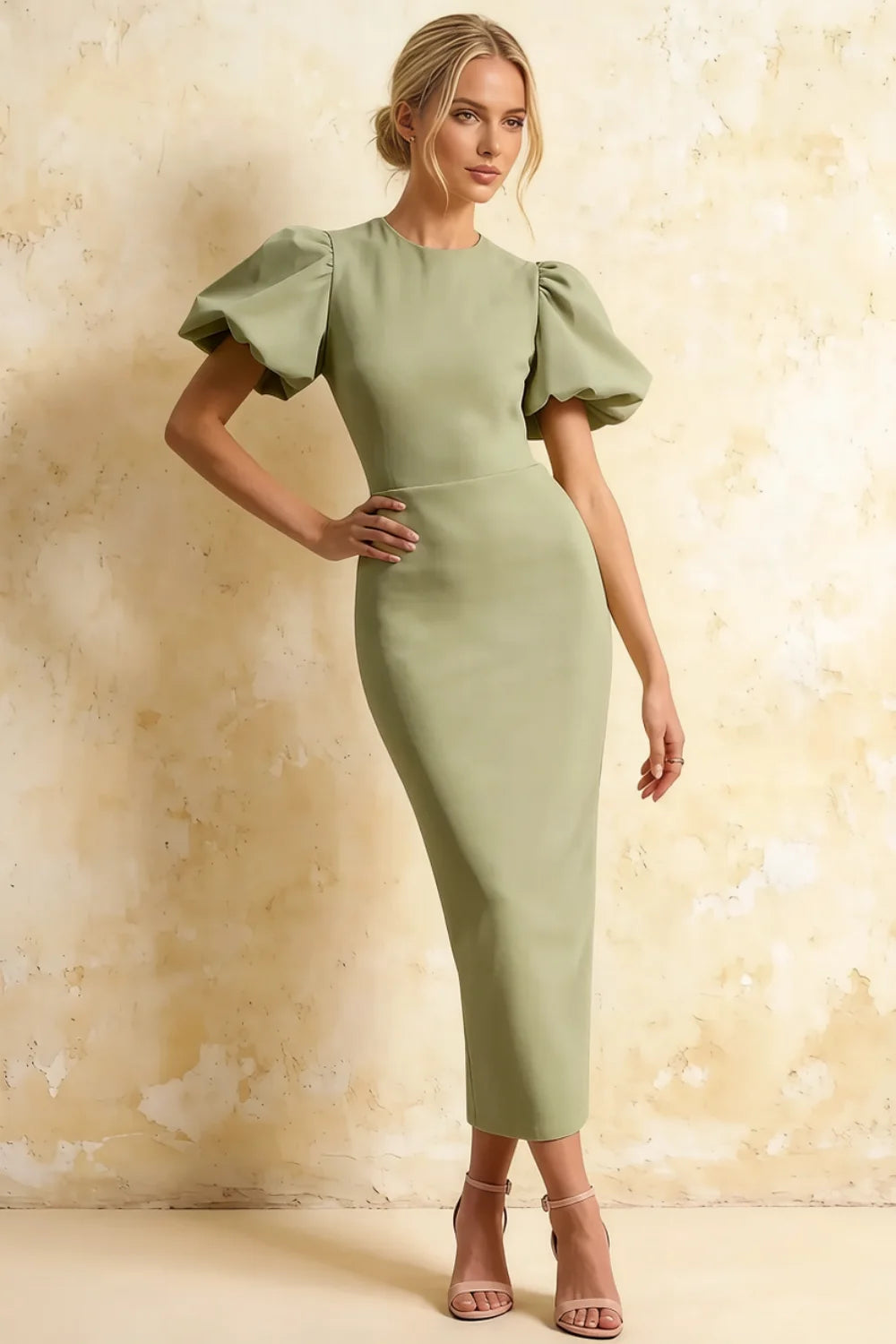 Harriet Sage Green Puff Sleeve Midi Dress | Chic Green Dress for Casual Brunch Main image