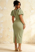 Harriet Sage Green Puff Sleeve Midi Dress | Chic Green Dress for Casual Brunch