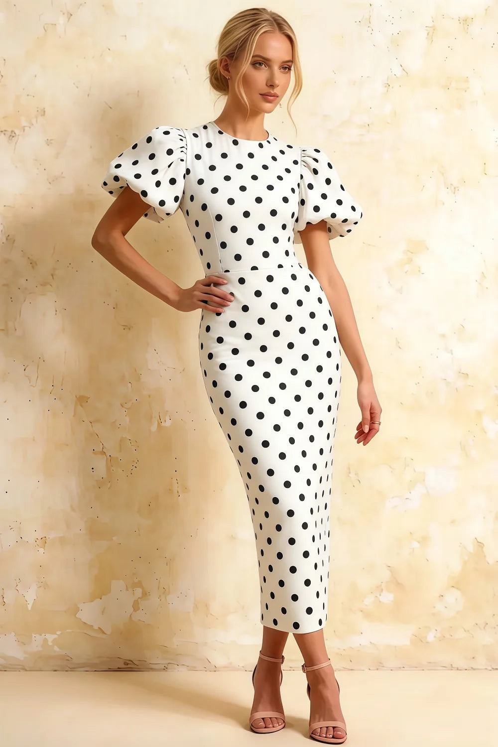 Harriet White Polka Dot Puff Sleeve Midi Dress | Elegant Back Detail Main image