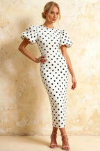 Harriet White Polka Dot Puff Sleeve Midi Dress | Elegant Back Detail