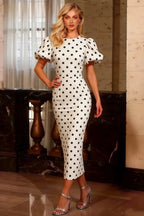 Harriet White Polka Dot Puff Sleeve Midi Dress | Elegant Back Detail