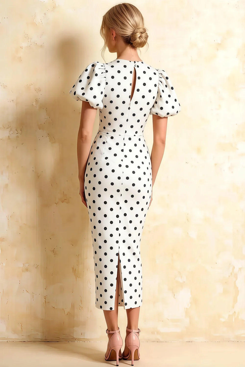 Harriet White Polka Dot Puff Sleeve Midi Dress | Elegant Back Detail