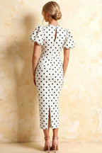 Harriet White Polka Dot Puff Sleeve Midi Dress | Elegant Back Detail
