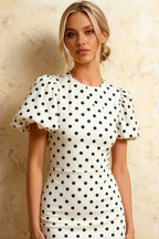 Harriet White Polka Dot Puff Sleeve Midi Dress | Elegant Back Detail