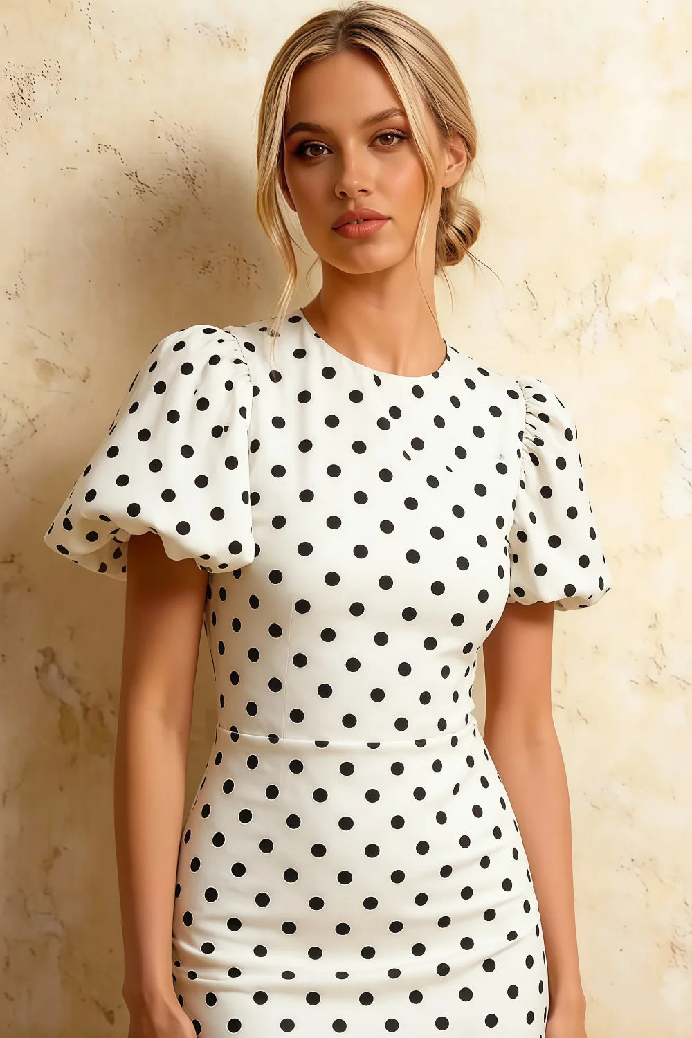 Harriet White Polka Dot Puff Sleeve Midi Dress | Elegant Back Detail