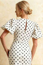 Harriet White Polka Dot Puff Sleeve Midi Dress | Elegant Back Detail