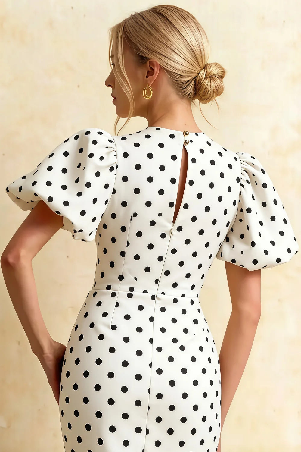 Harriet White Polka Dot Puff Sleeve Midi Dress | Elegant Back Detail