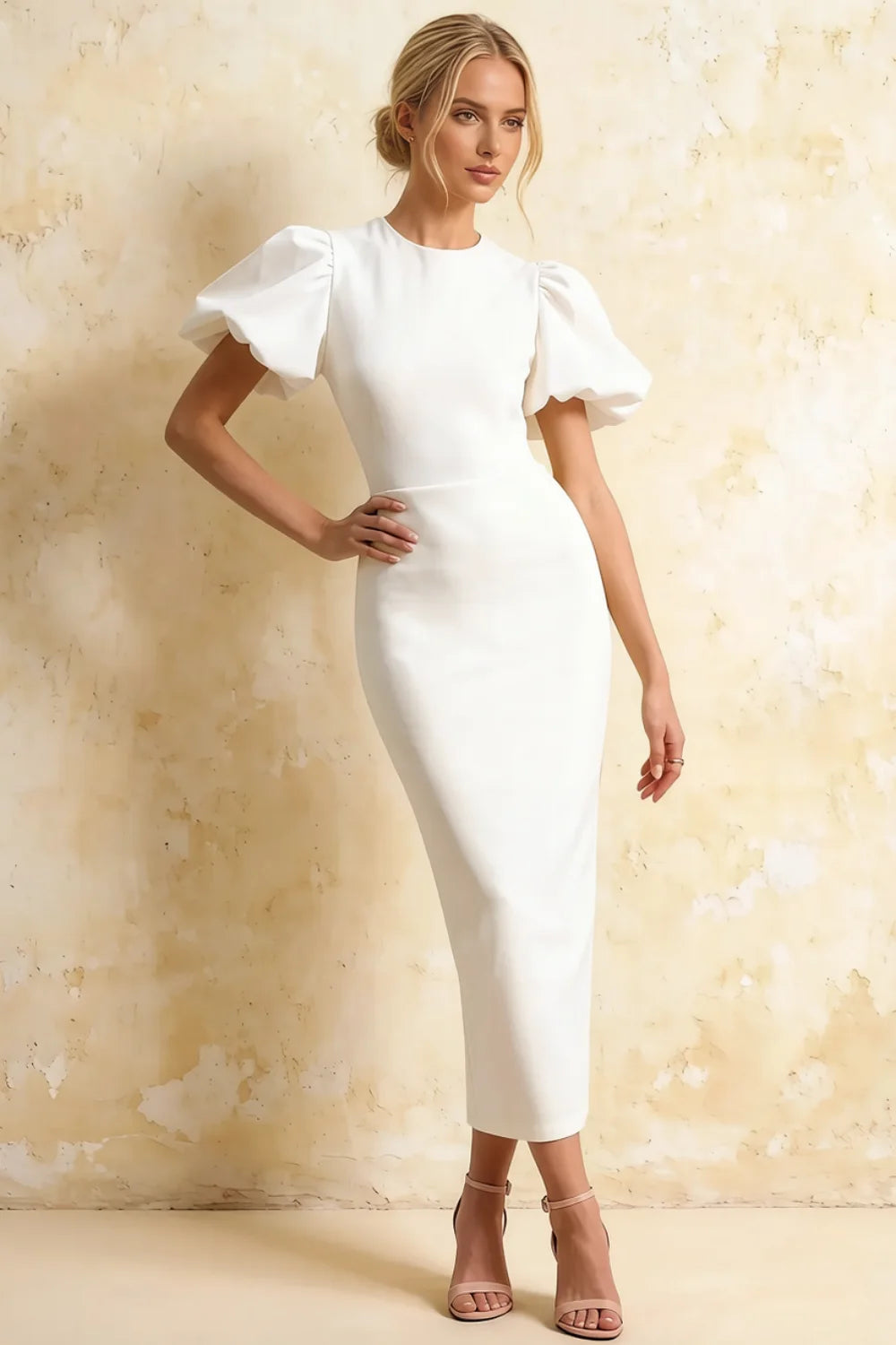 Harriet White Puff Sleeve Midi Dress | Elegant Back Detail Dress
