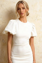 Harriet White Puff Sleeve Midi Dress | Elegant Back Detail Dress