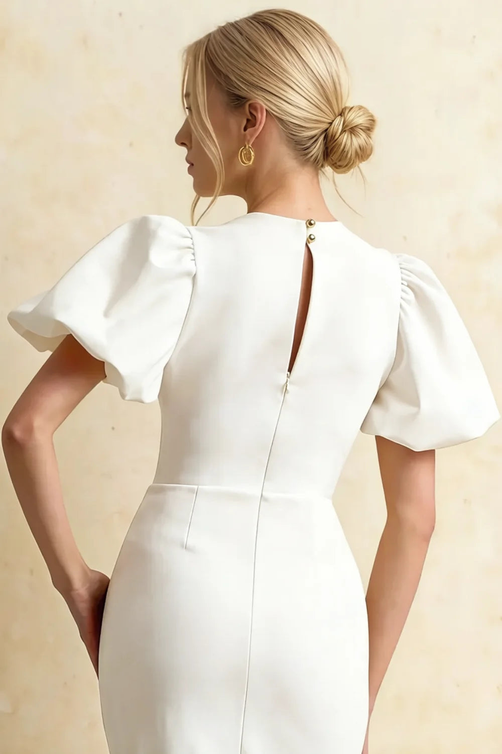Harriet White Puff Sleeve Midi Dress | Elegant Back Detail Dress