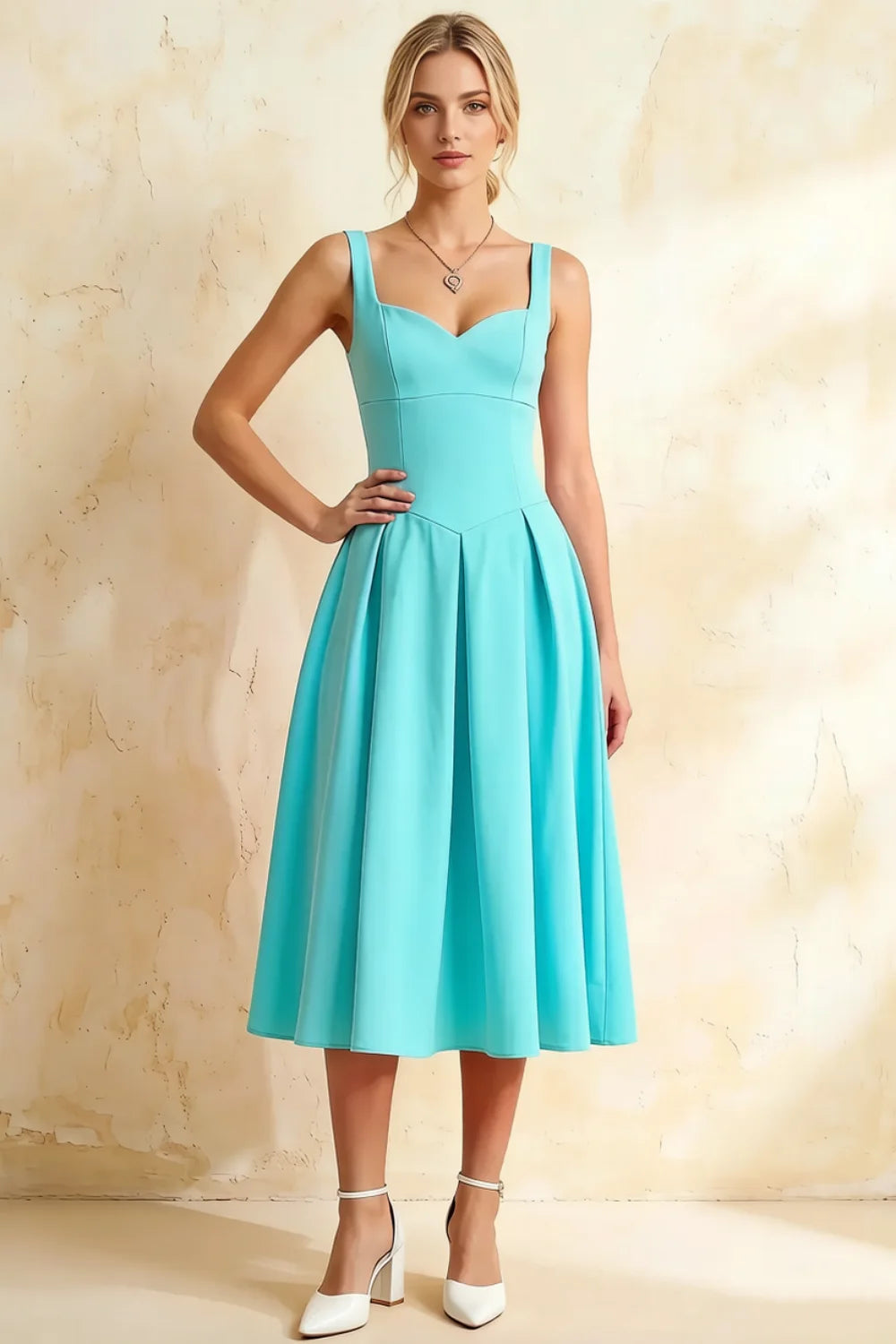 Heather Aqua A Line Midi Dress | Elegant Sweetheart Cocktail Dress Main image