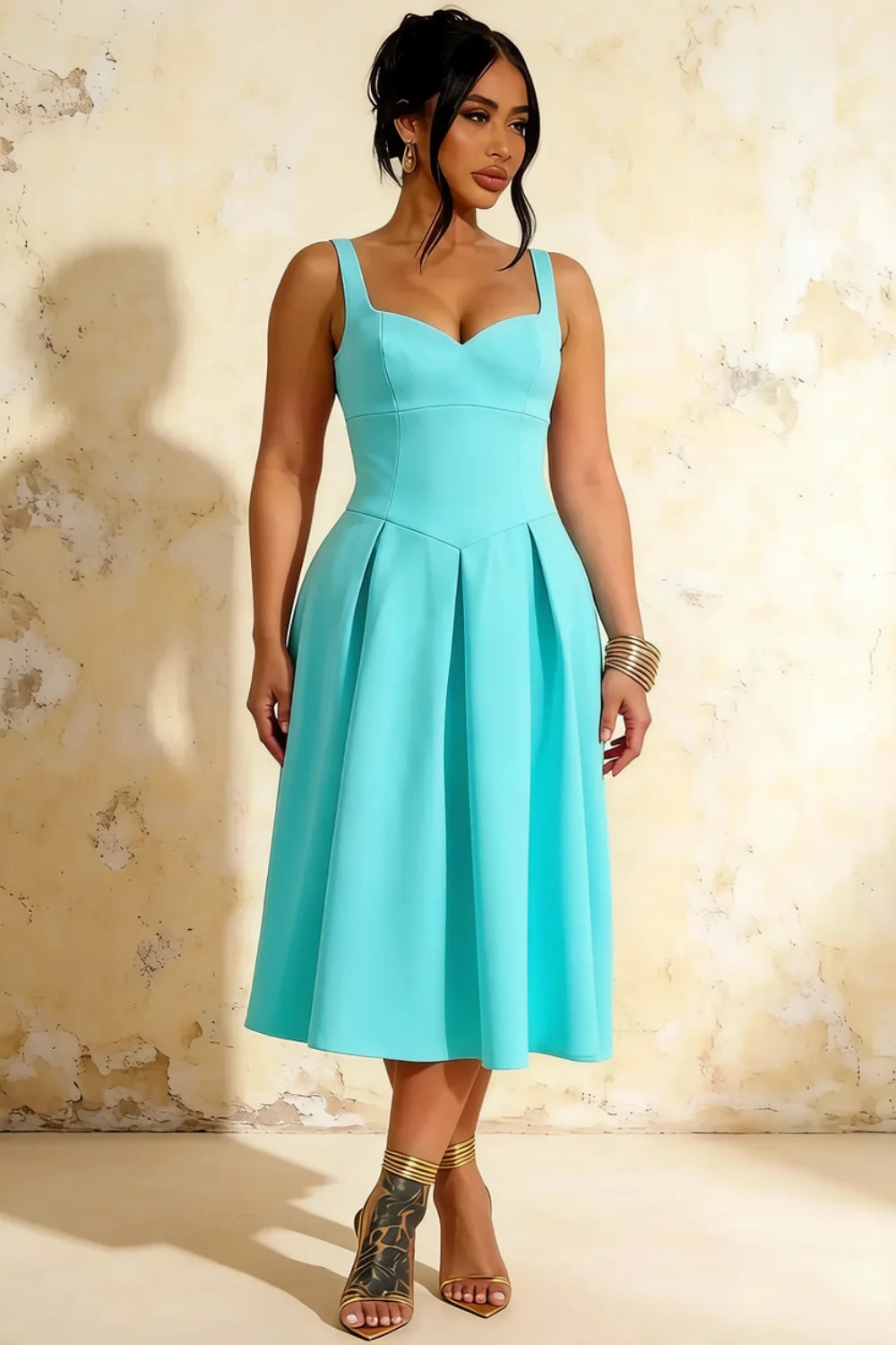 Heather Aqua A Line Midi Dress | Elegant Sweetheart Cocktail Dress