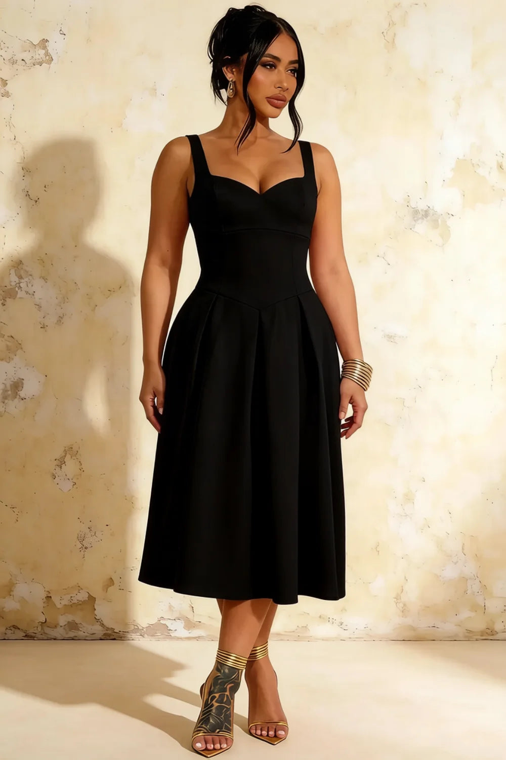 Heather Black A Line Midi Dress | Elegant Sweetheart Cocktail