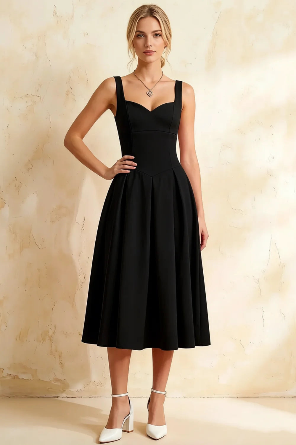 Heather Black A Line Midi Dress | Elegant Sweetheart Cocktail