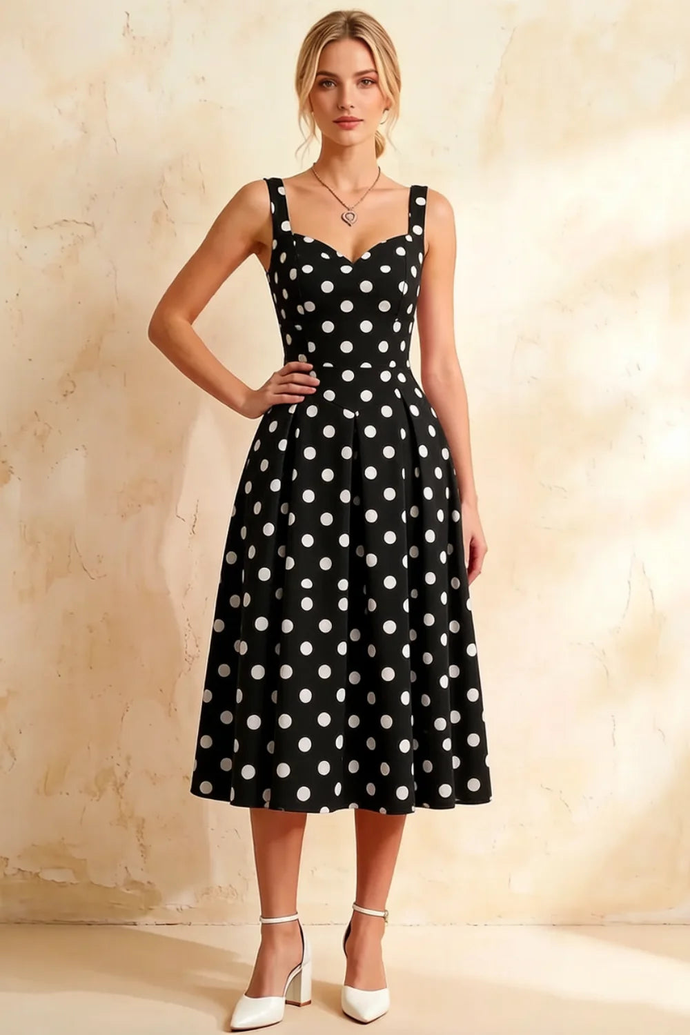 Heather Black Polka Dot A Line Midi Dress for Women Main image