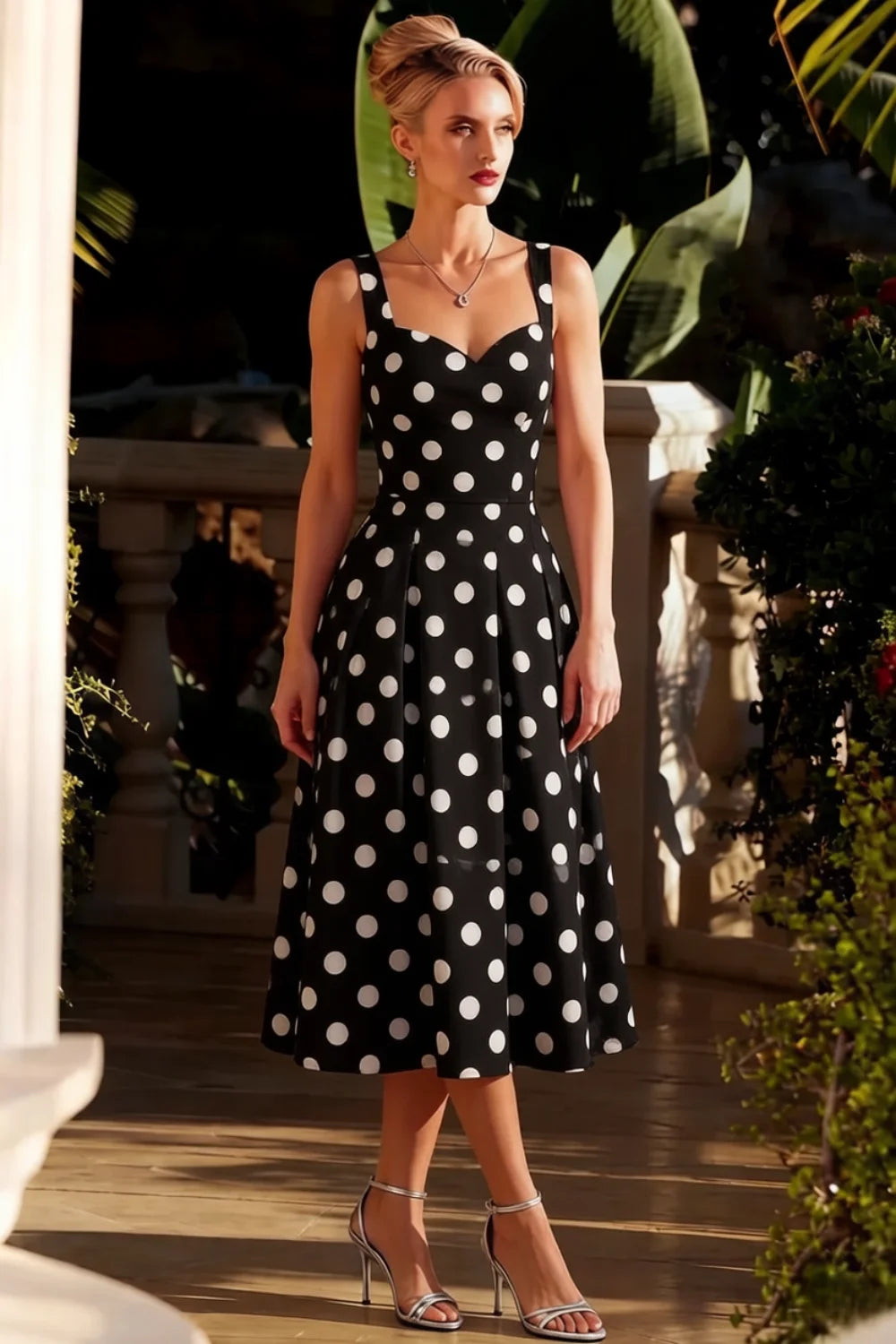 Heather Black Polka Dot A Line Midi Dress for Women