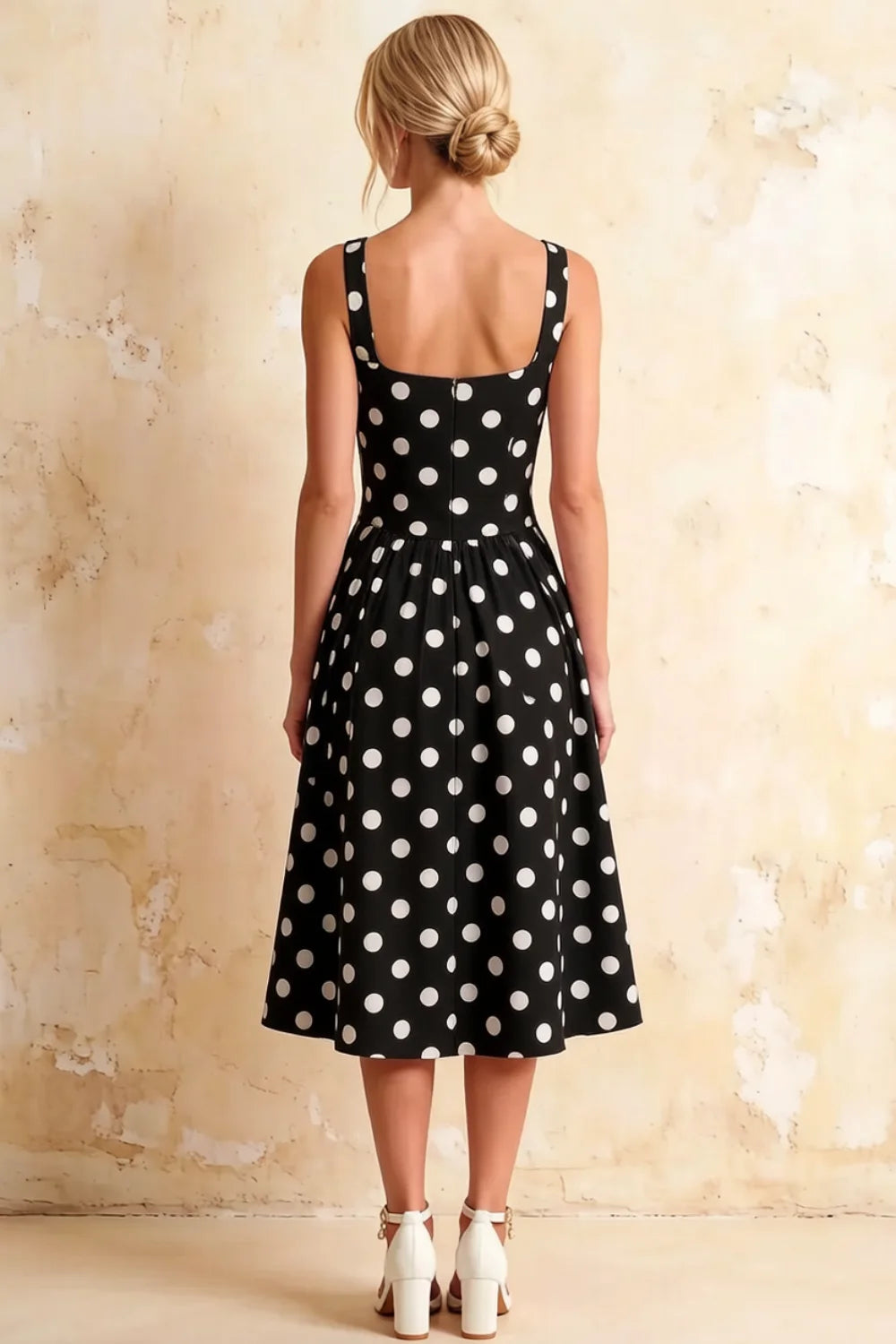 Heather Black Polka Dot A Line Midi Dress for Women