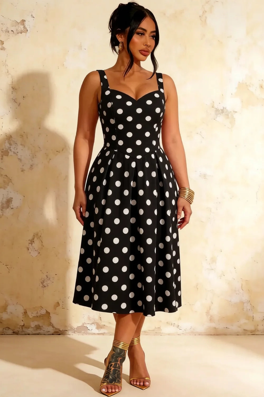 Heather Black Polka Dot A Line Midi Dress for Women