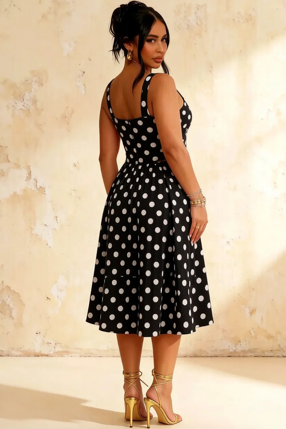 Heather Black Polka Dot A Line Midi Dress for Women