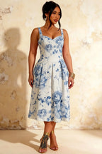 Heather Blue and White Floral A Line Midi Dress | Elegant Summer Dress