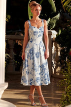 Heather Blue and White Floral A Line Midi Dress | Elegant Summer Dress