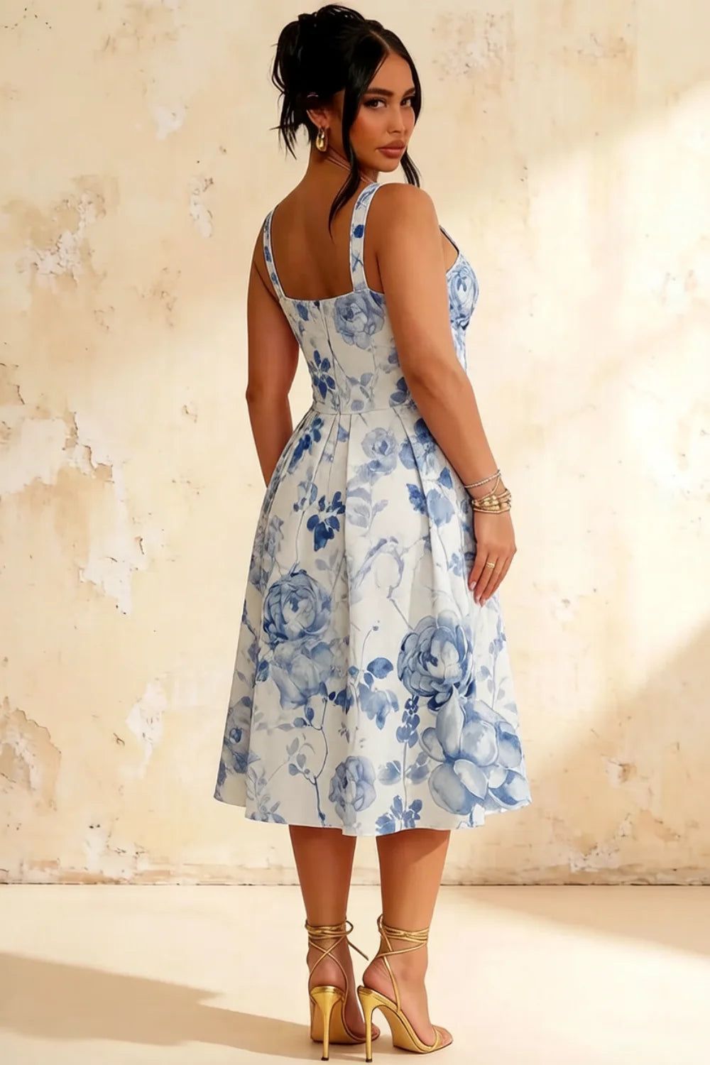 Heather Blue and White Floral A Line Midi Dress | Elegant Summer Dress