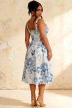 Heather Blue and White Floral A Line Midi Dress | Elegant Summer Dress