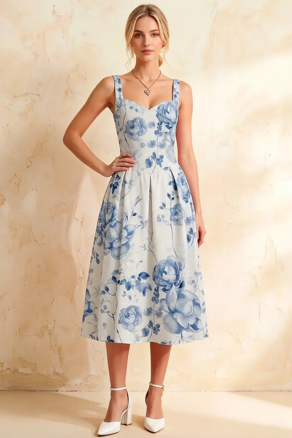 Heather Blue and White Floral A Line Midi Dress | Elegant Summer Dress