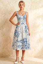 Heather Blue and White Floral A Line Midi Dress | Elegant Summer Dress