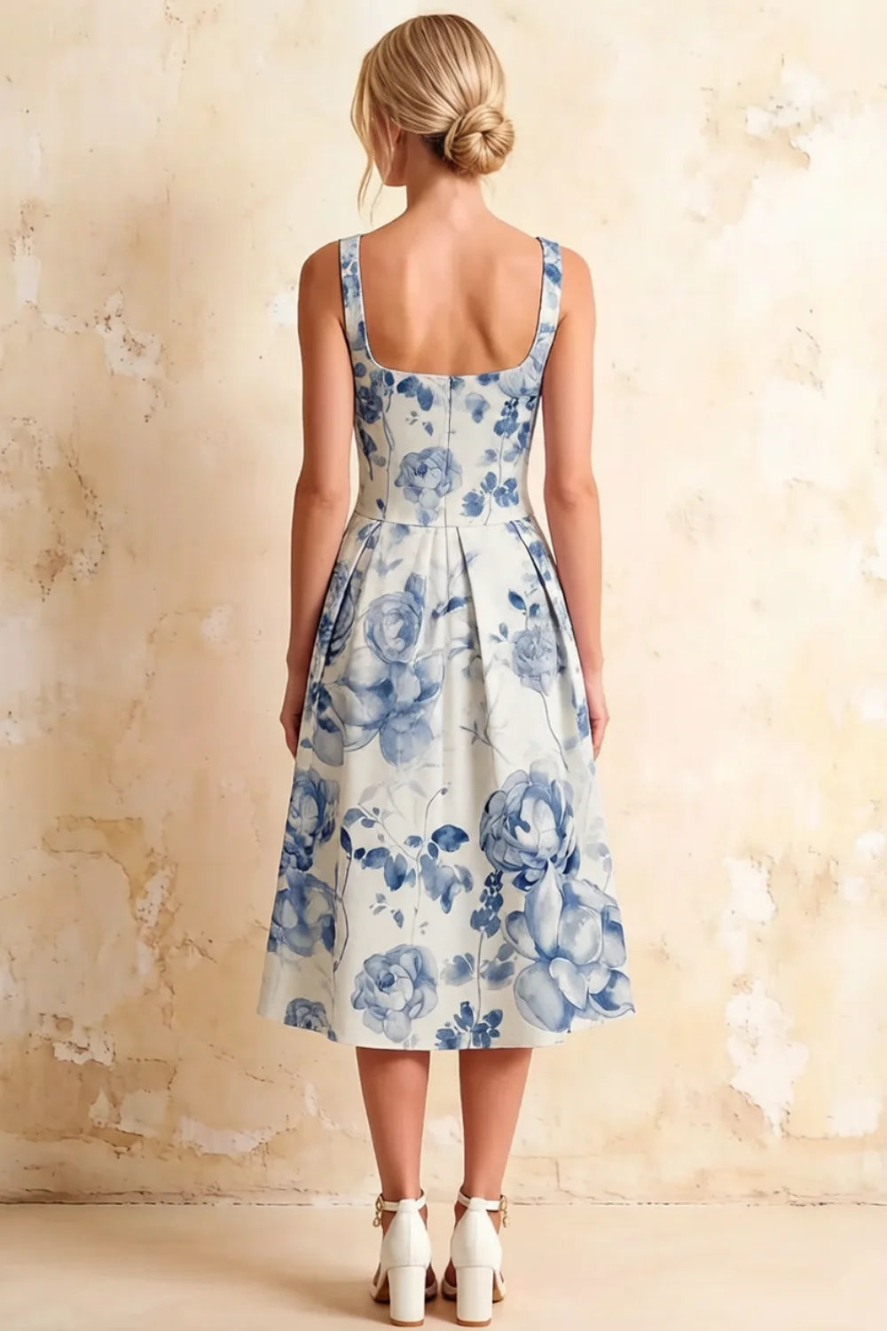 Heather Blue and White Floral A Line Midi Dress | Elegant Summer Dress