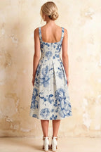 Heather Blue and White Floral A Line Midi Dress | Elegant Summer Dress