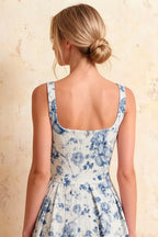 Heather Blue and White Floral A Line Midi Dress | Elegant Summer Dress