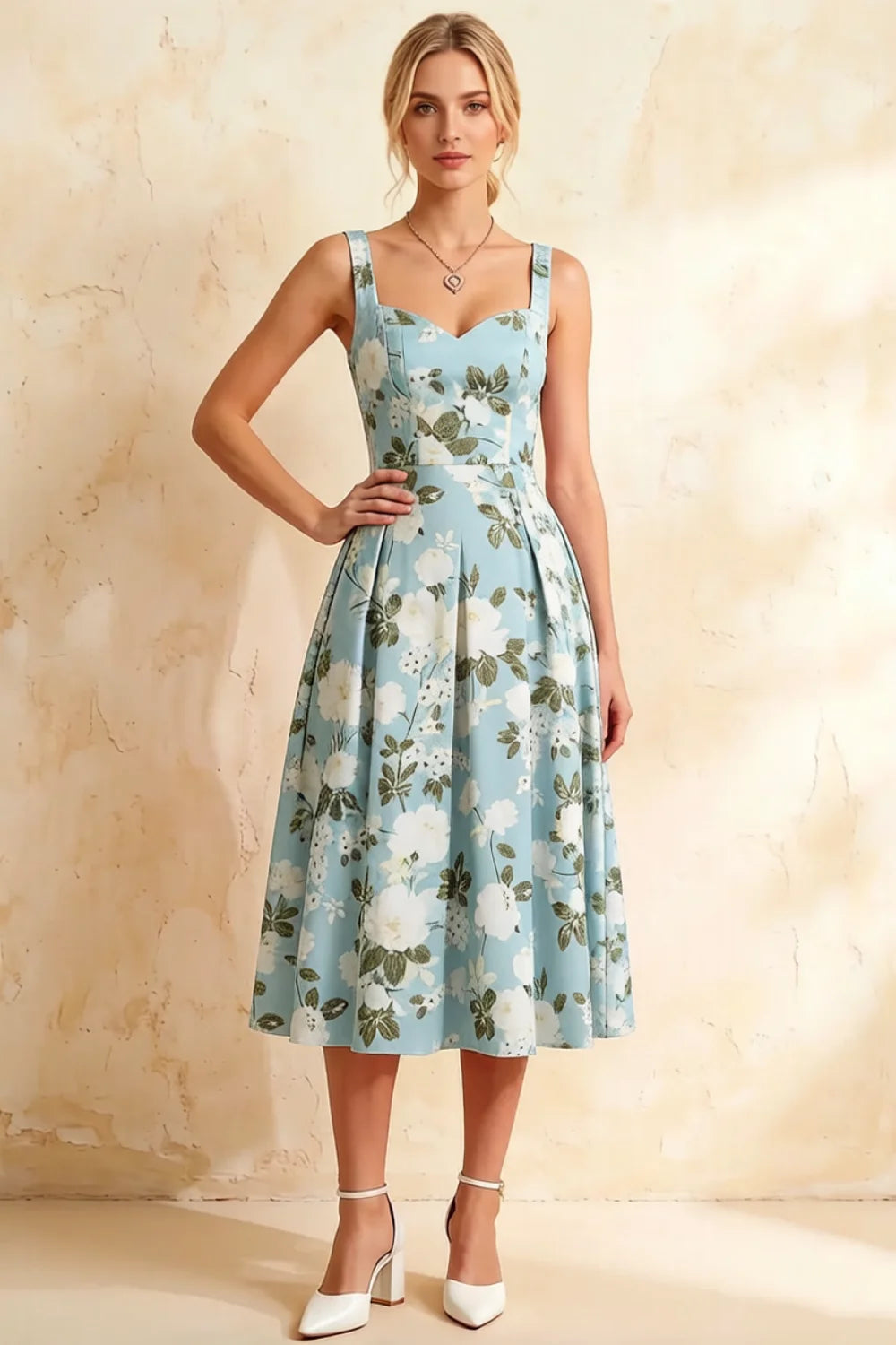 Heather Blue Floral A Line Midi Dress | Elegant Summer Floral Dress