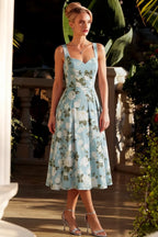 Heather Blue Floral A Line Midi Dress | Elegant Summer Floral Dress
