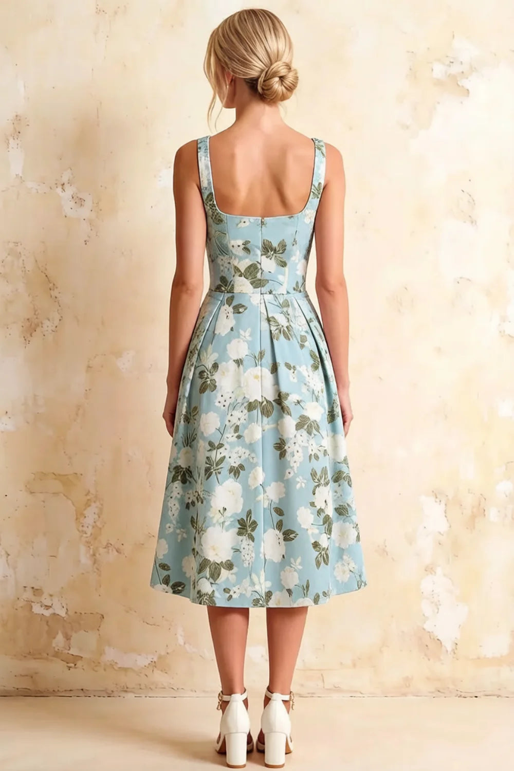 Heather Blue Floral A Line Midi Dress | Elegant Summer Floral Dress
