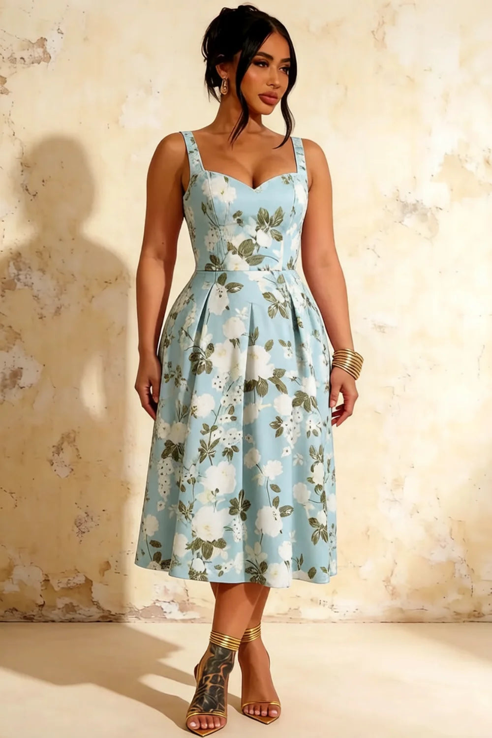 Heather Blue Floral A Line Midi Dress | Elegant Summer Floral Dress