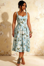 Heather Blue Floral A Line Midi Dress | Elegant Summer Floral Dress