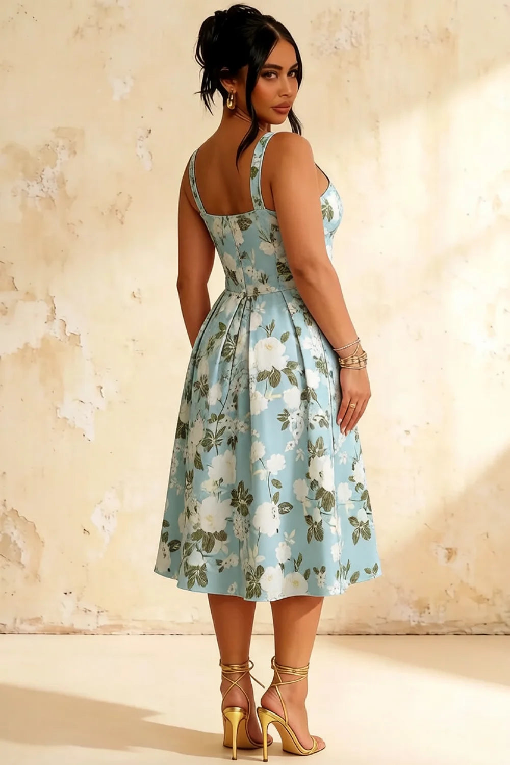 Heather Blue Floral A Line Midi Dress | Elegant Summer Floral Dress