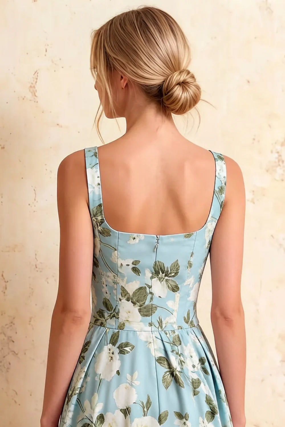 Heather Blue Floral A Line Midi Dress | Elegant Summer Floral Dress