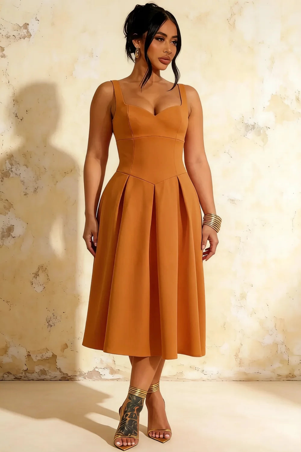 Heather Bronze A Line Midi Dress | Elegant Wedding Guest Outfit