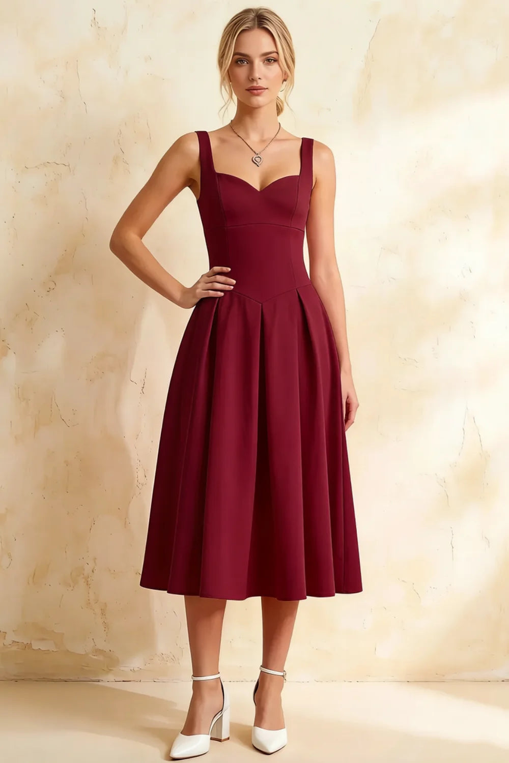 Heather Burgundy A Line Midi Dress | Elegant Cocktail & Wedding Guest Main image