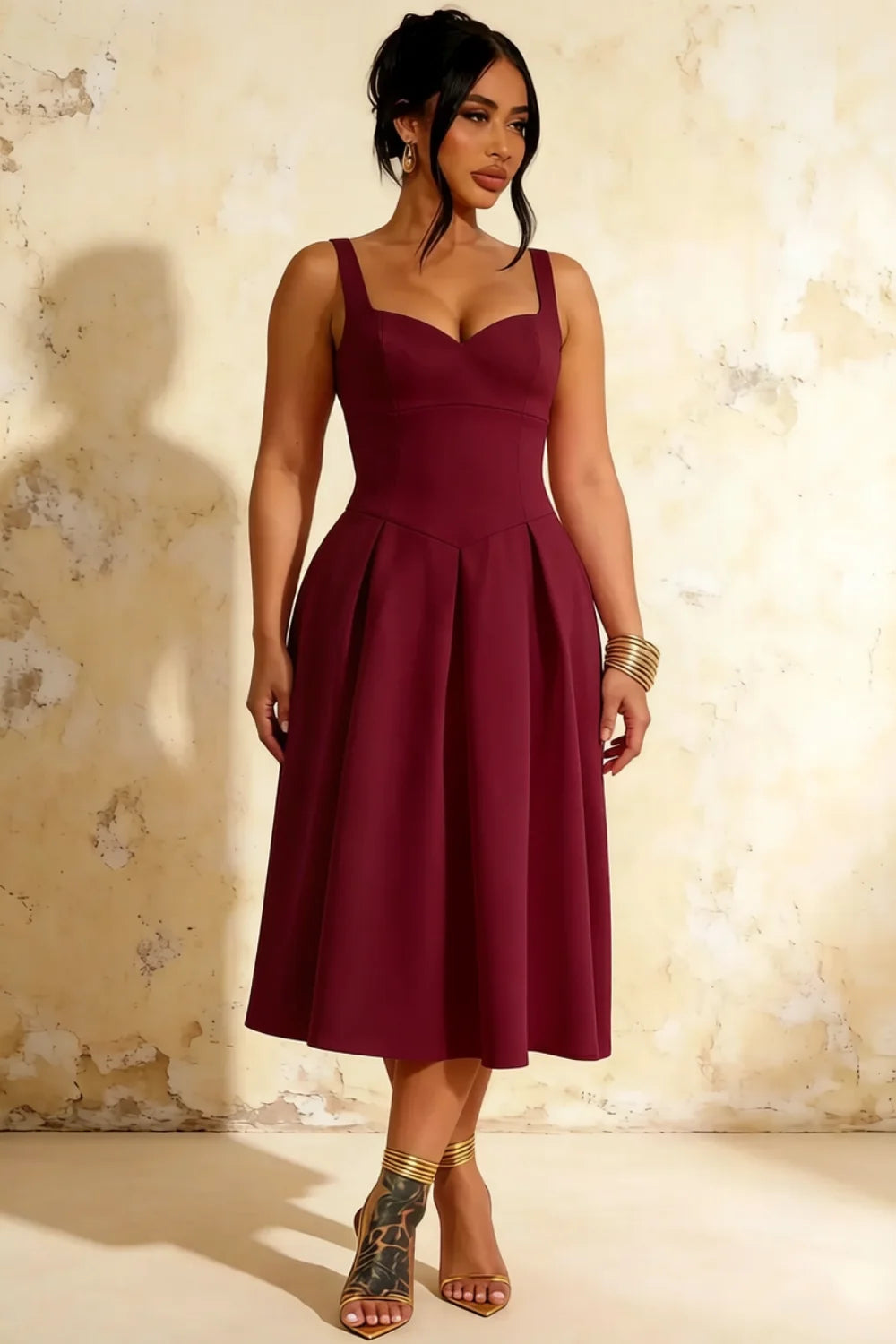 Heather Burgundy A Line Midi Dress | Elegant Cocktail & Wedding Guest