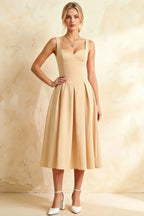 Heather Champagne A Line Midi Dress | Elegant Pleated Party Wear