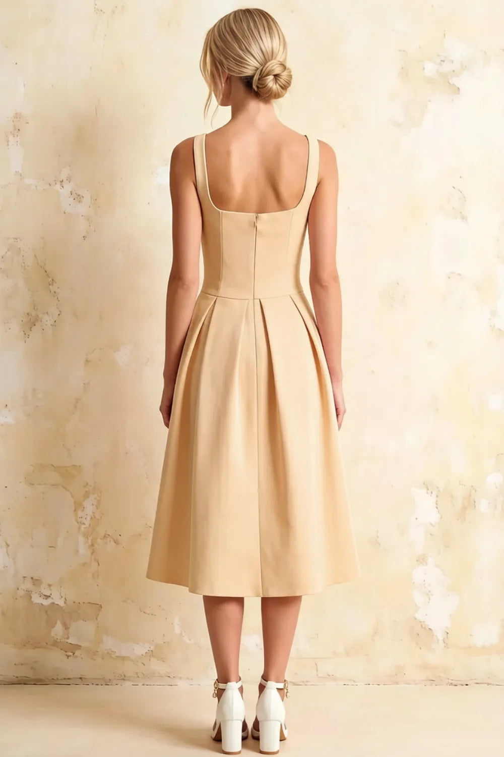 Heather Champagne A Line Midi Dress | Elegant Pleated Party Wear