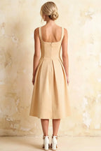 Heather Champagne A Line Midi Dress | Elegant Pleated Party Wear