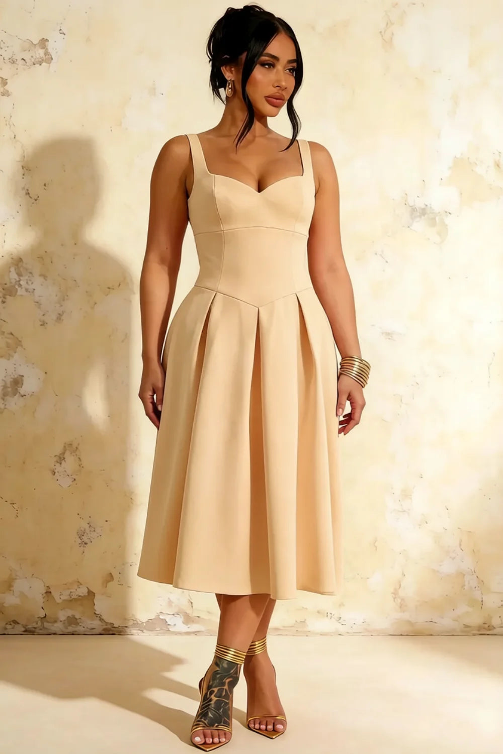 Heather Champagne A Line Midi Dress | Elegant Pleated Party Wear